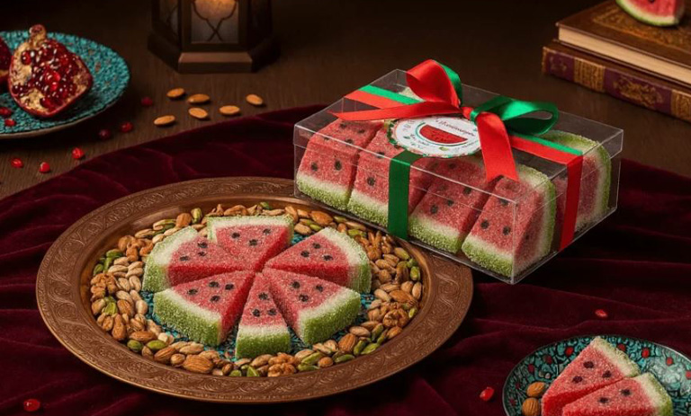 طرز تهیه باسلوق هندوانه‌ای؛ دسر یلدایی جذاب با طرح هندوانه