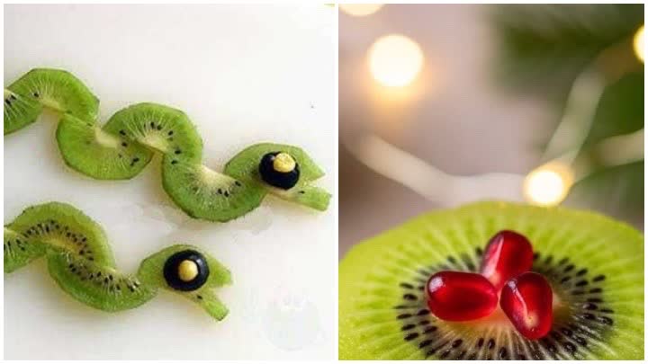 یک بشقاب اشتهاآور با تزیین با حلقه‌ و اشکال متفاوت با کیوی 