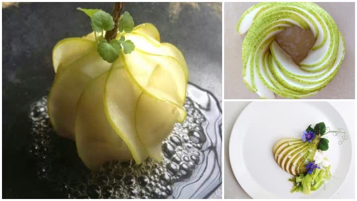 تزیین یک بشقاب غذای اشتهاآور با برش‌های سیب و گلابی