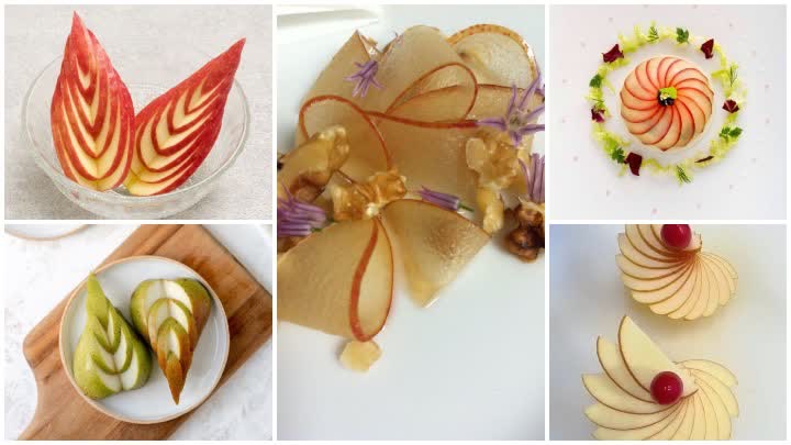 تزیین یک بشقاب غذای اشتهاآور و متفاوت با برش‌های سیب و گلابی
