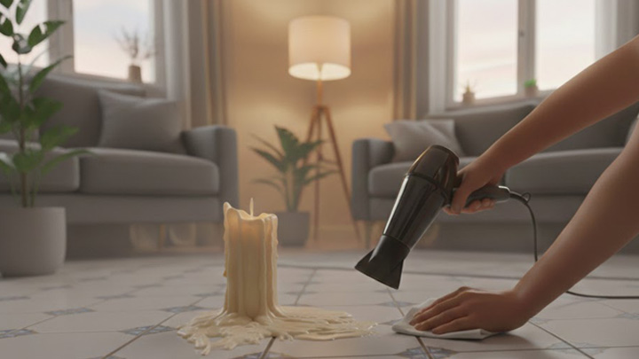 استفاده از سشوار یا اتو برای پاک کردن لکه شمع