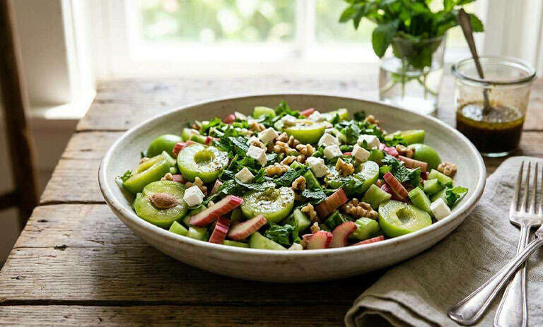 طرز تهیه سالاد گوجه سبز و ریواس؛ ترکیب ترش و خوشمزه