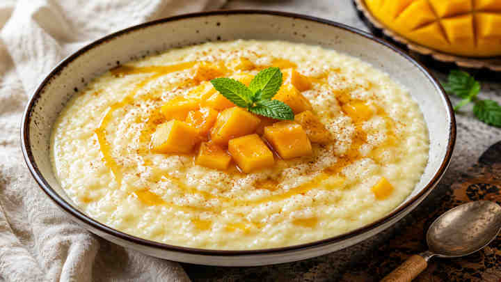 طرز تهیه شیر برنج انبه با پوره میوه