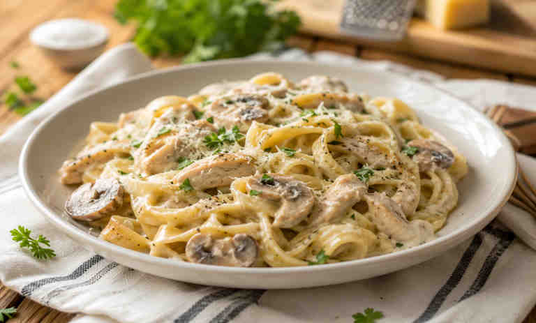 طرز تهیه پاستا ساده با مرغ و سس خامه‌؛ آسان و رستورانی