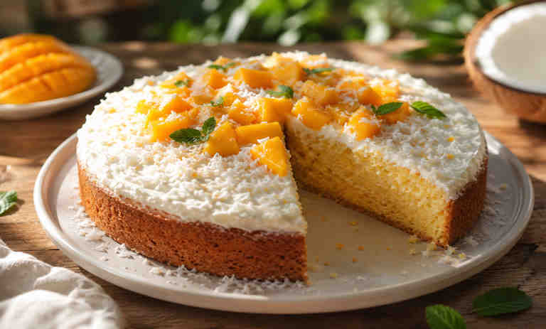 طرز تهیه کیک انبه نارگیلی با بافت اسفنجی و لطیف