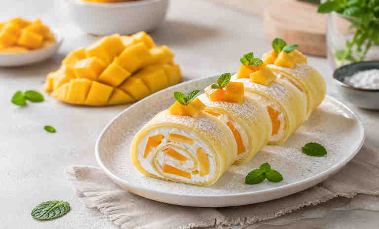 طرز تهیه رول کرپ انبه؛ خاص و متفاوت برای مهمانیها