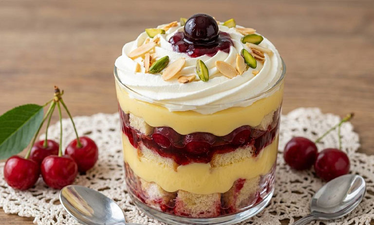 طرز تهیه ترایفل آلبالو؛ دسر لایه‌ای خوشمزه و مجلسی