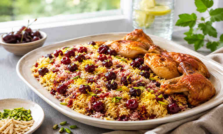 طرز تهیه آلبالو پلو با مرغ تکهای و ریش ریش برای 4 نفر