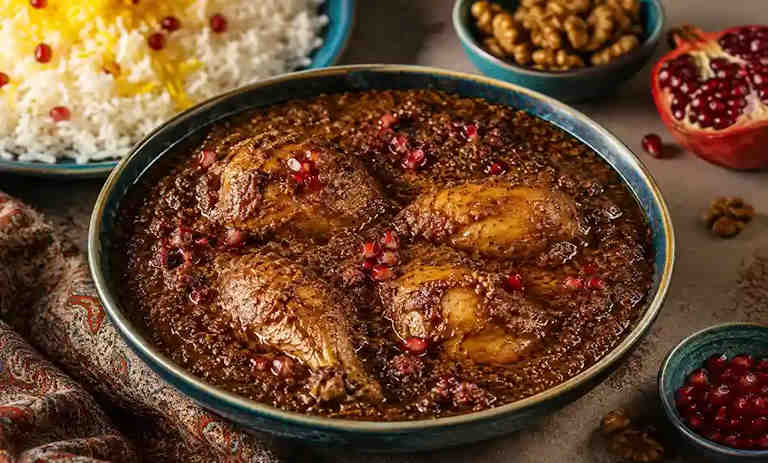 طرز تهیه فسنجان با مرغ مجلسی؛ جاافتاده و روغن‌انداخته