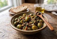طرز تهیه پرورده زیتون مدیترانه‌ای؛ زیتون مزه‌دارشده با سیر و سبزیجات