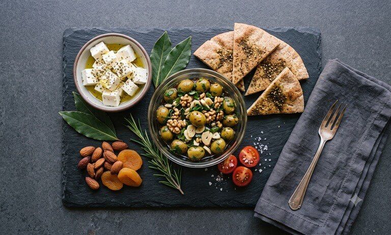 طرز تهیه پرورده زیتون مدیترانه‌ای؛ زیتون مزه‌دارشده با سیر و سبزیجات